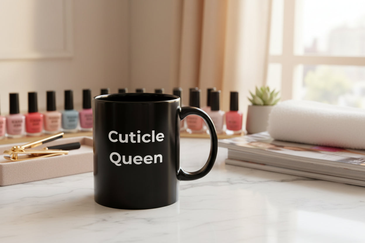 Black mug with white graphic design on a white background