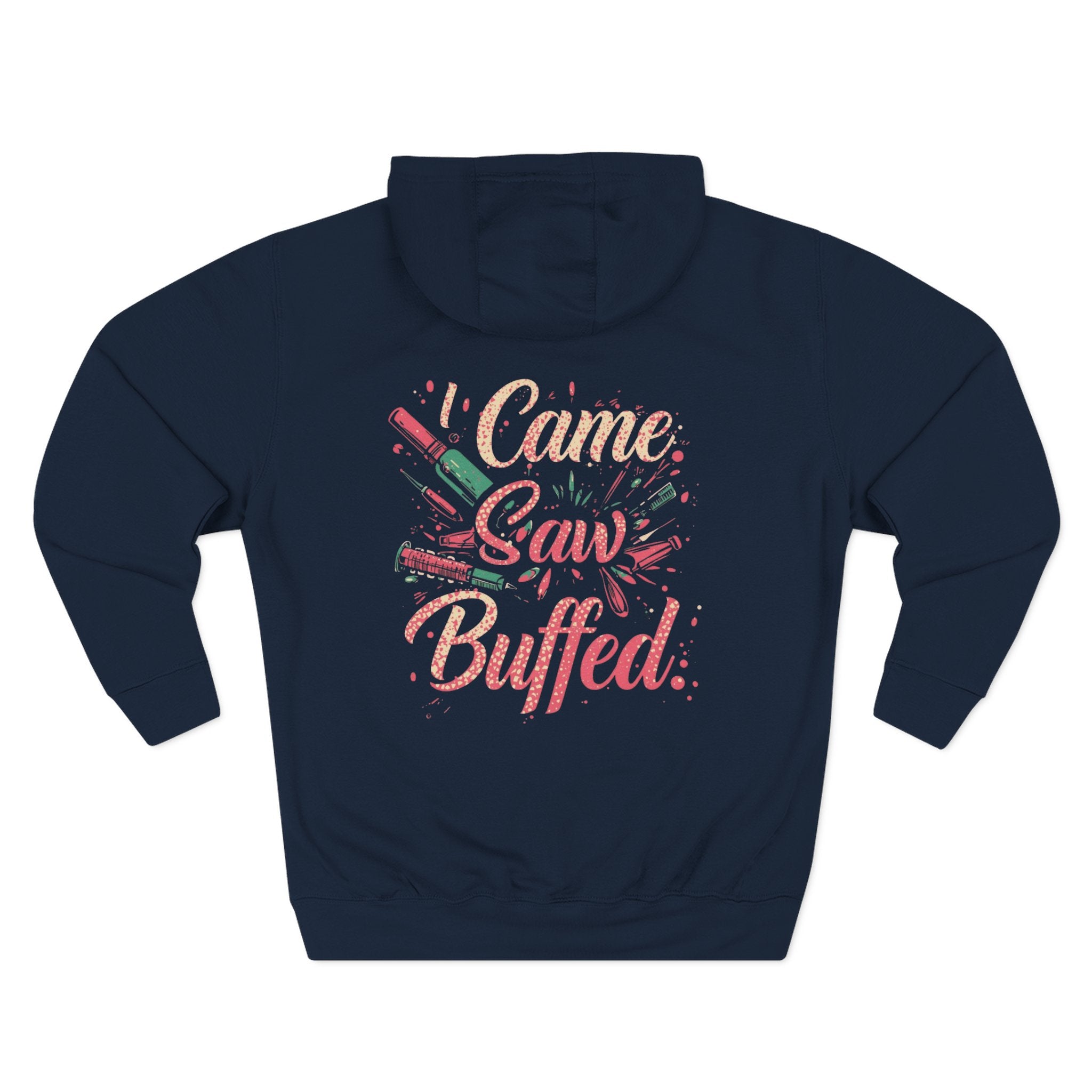 Navy blue hoodie with 'I Came, I Saw, I Buffed' text and makeup brush graphics on a white background
