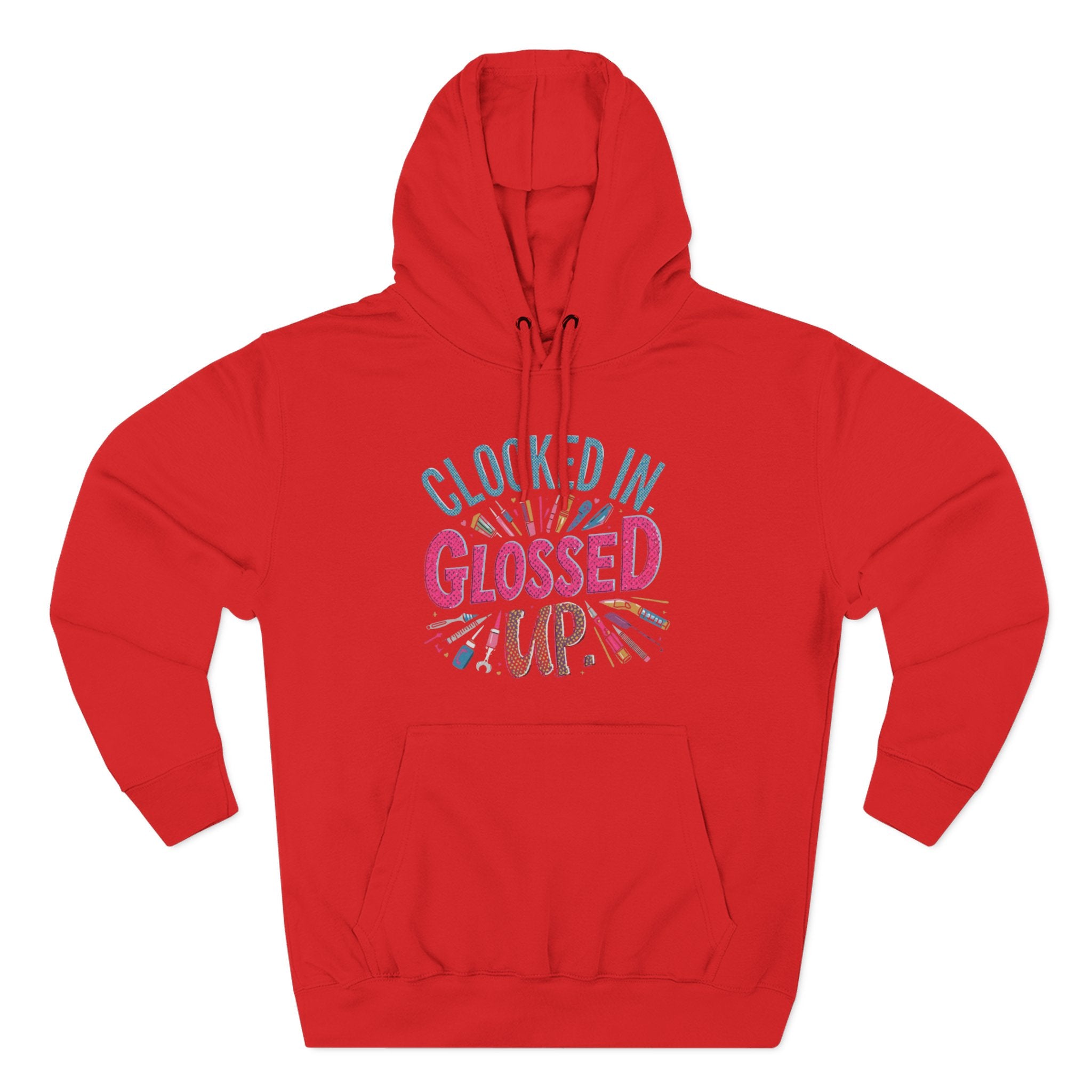Red hoodie with colorful text design on a white background