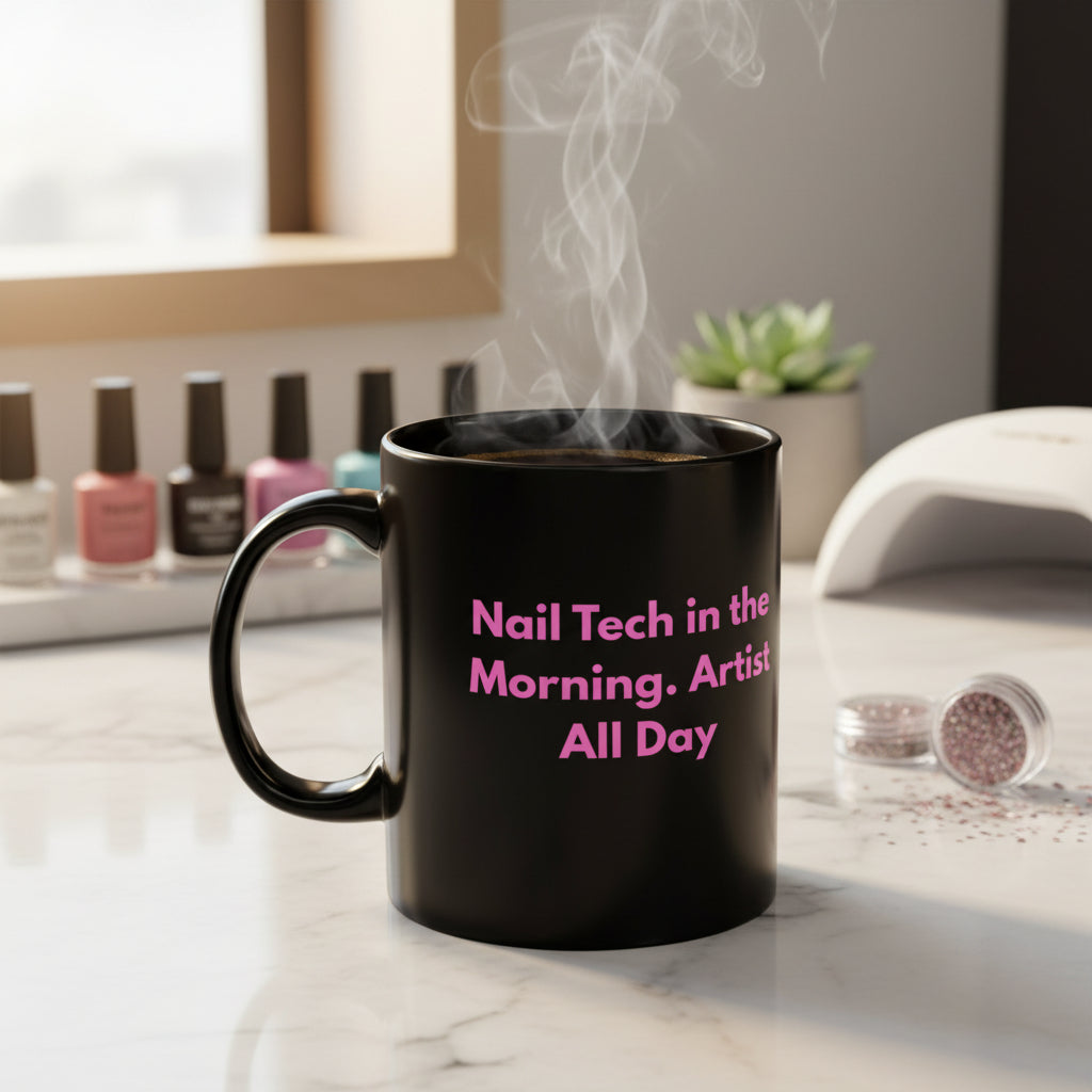 Black mug with white text on a white background