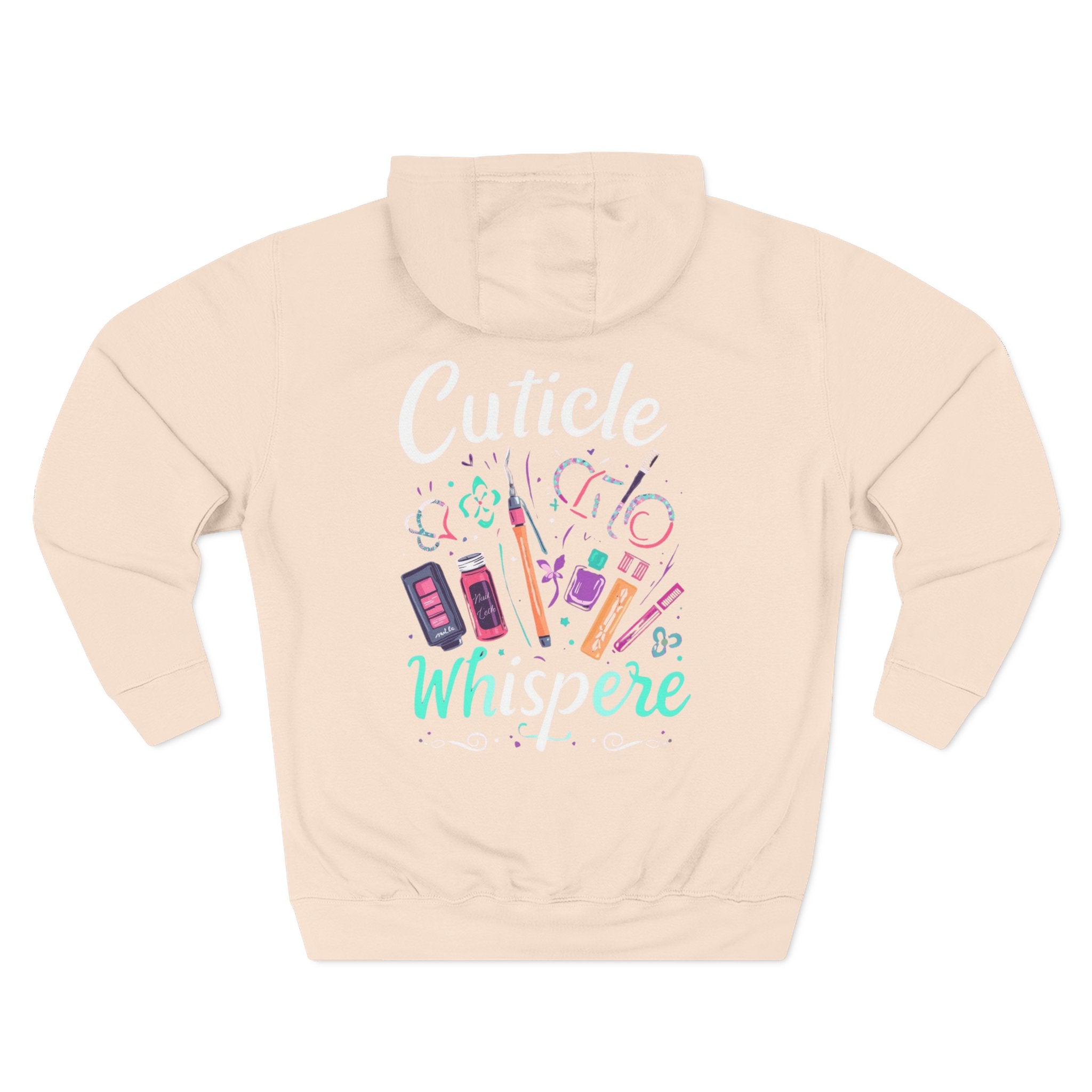 Beige hoodie with colorful graphic and text on a white background