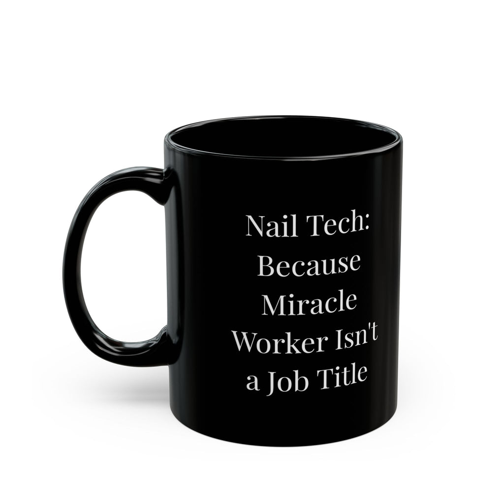 Black mug with white text on a white background