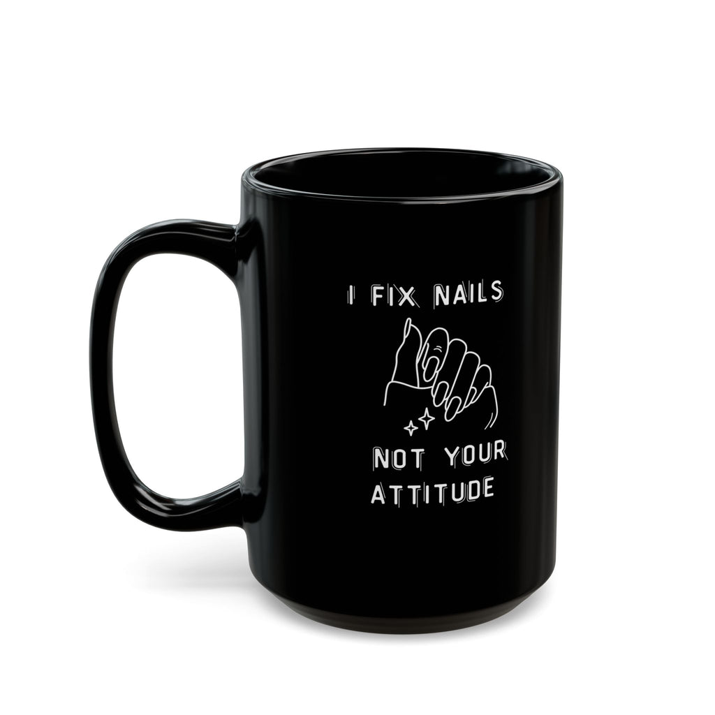 Black mug with white text and design on a white background