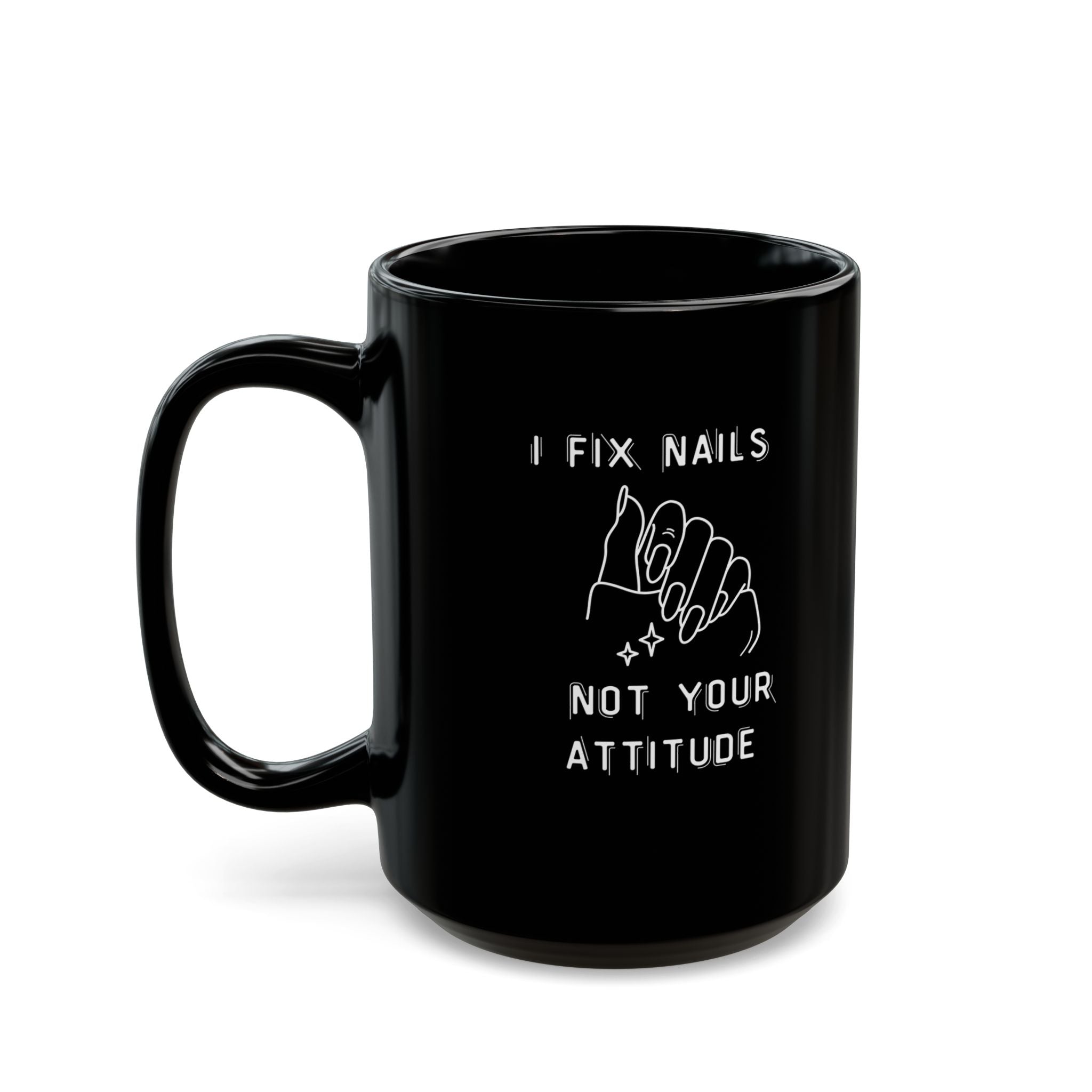 Black mug with white text and design on a white background