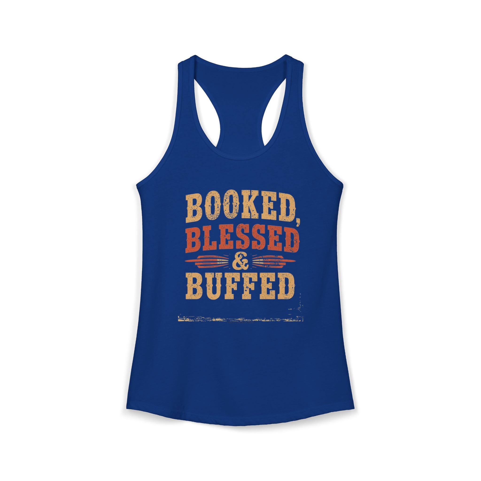 Blue tank top with 'Booked, Blessed & Buffed' text on a white background
