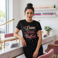 Black t-shirt with colorful graphic and text on a white background