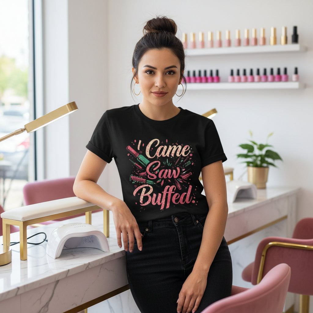 Black t-shirt with colorful graphic and text on a white background