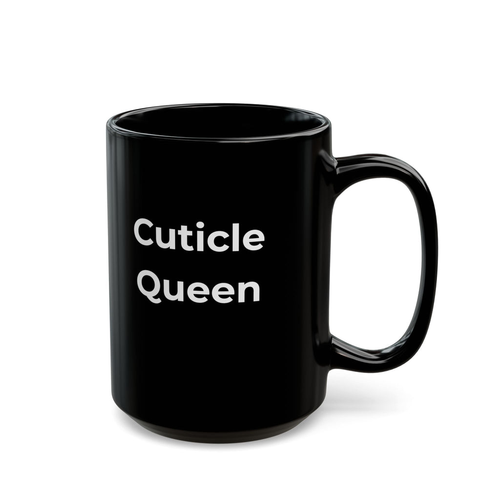 Black mug with a logo and text on a white background