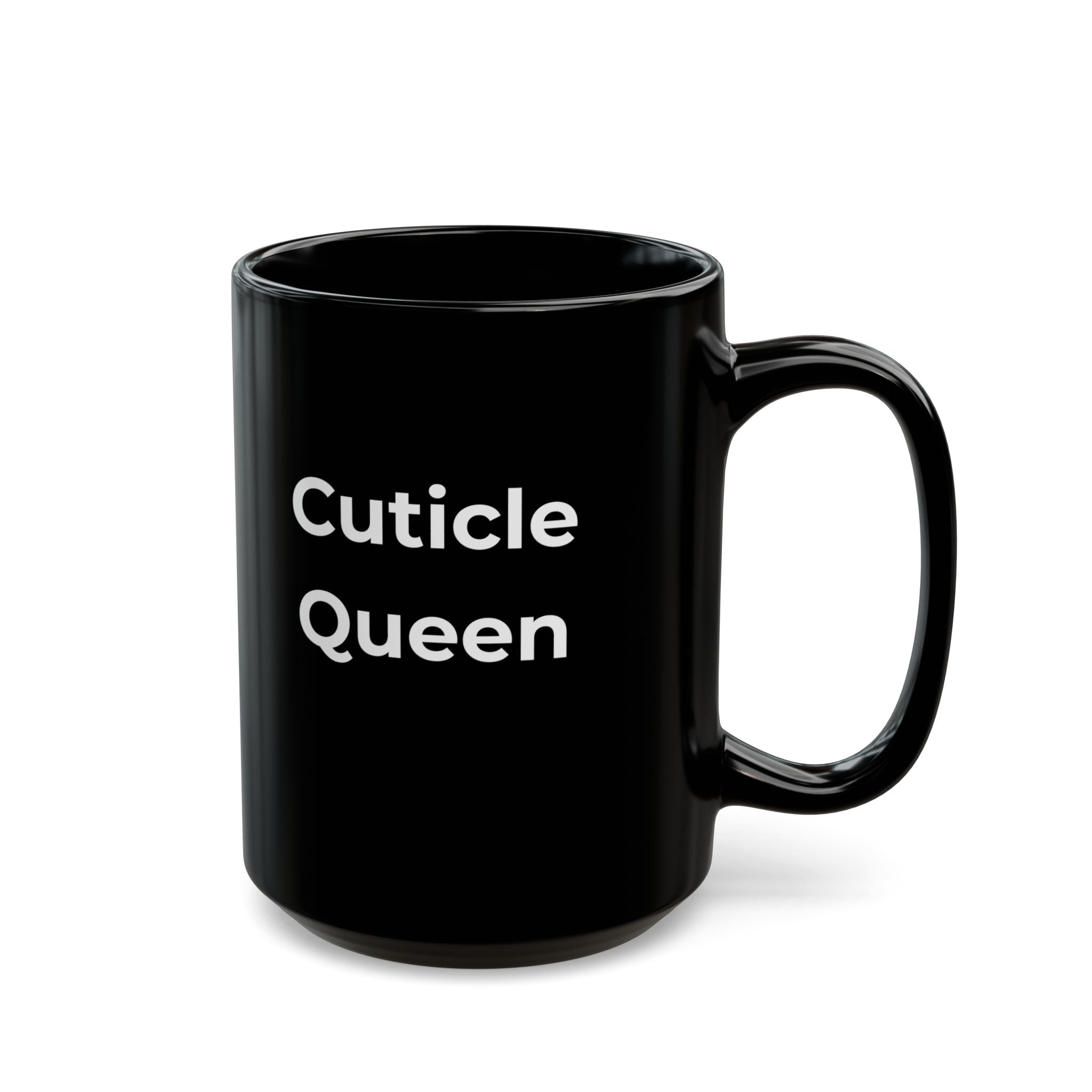 Black mug with a logo and text on a white background