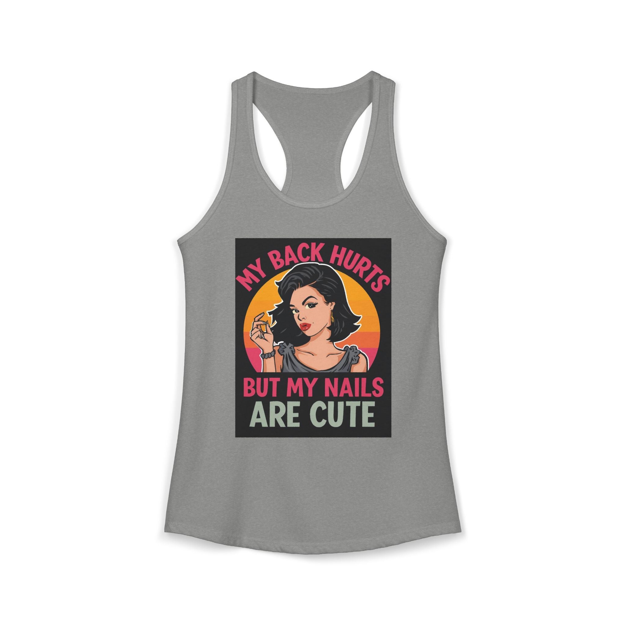 Gray tank top with a graphic design featuring a woman and text on a white background