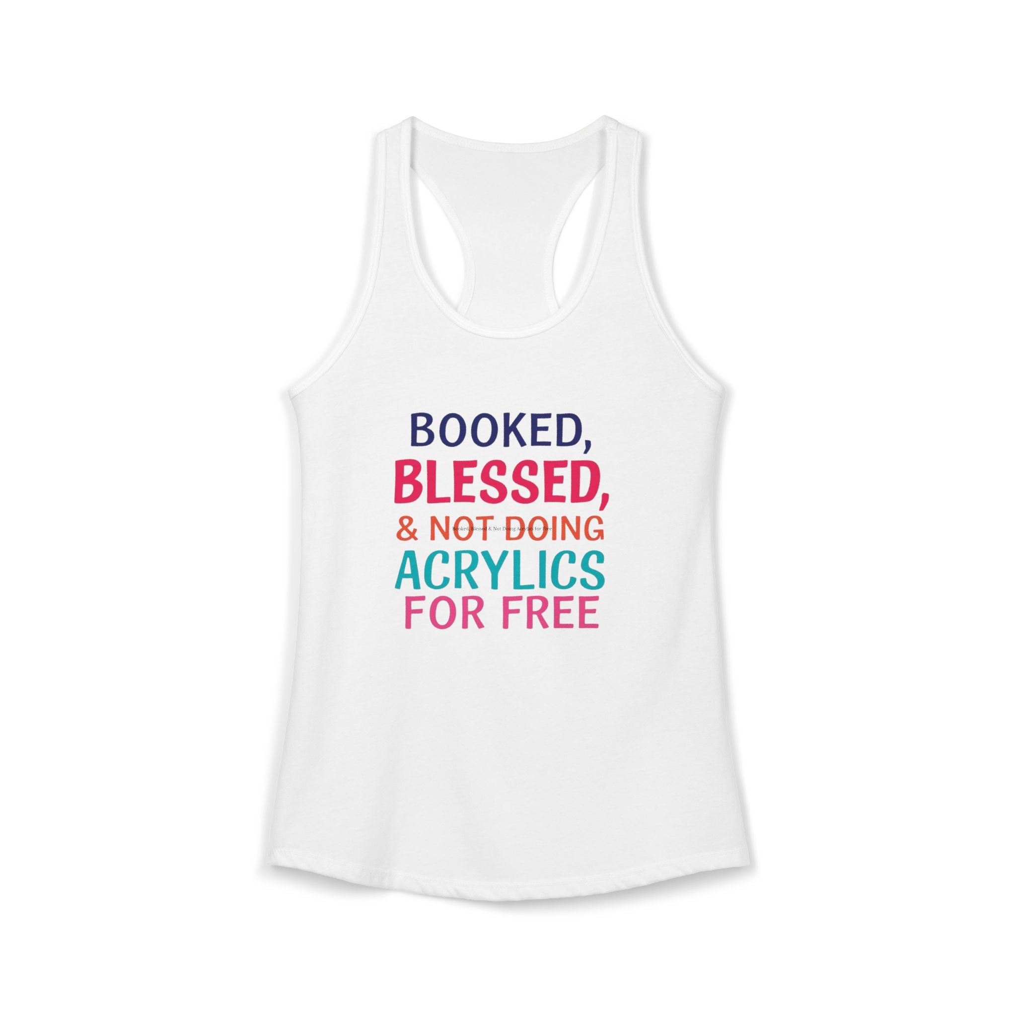 White tank top with colorful text on a white background