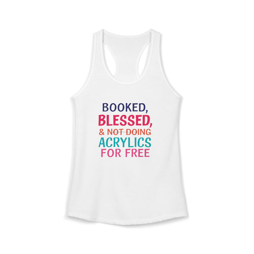 White tank top with colorful text on a white background
