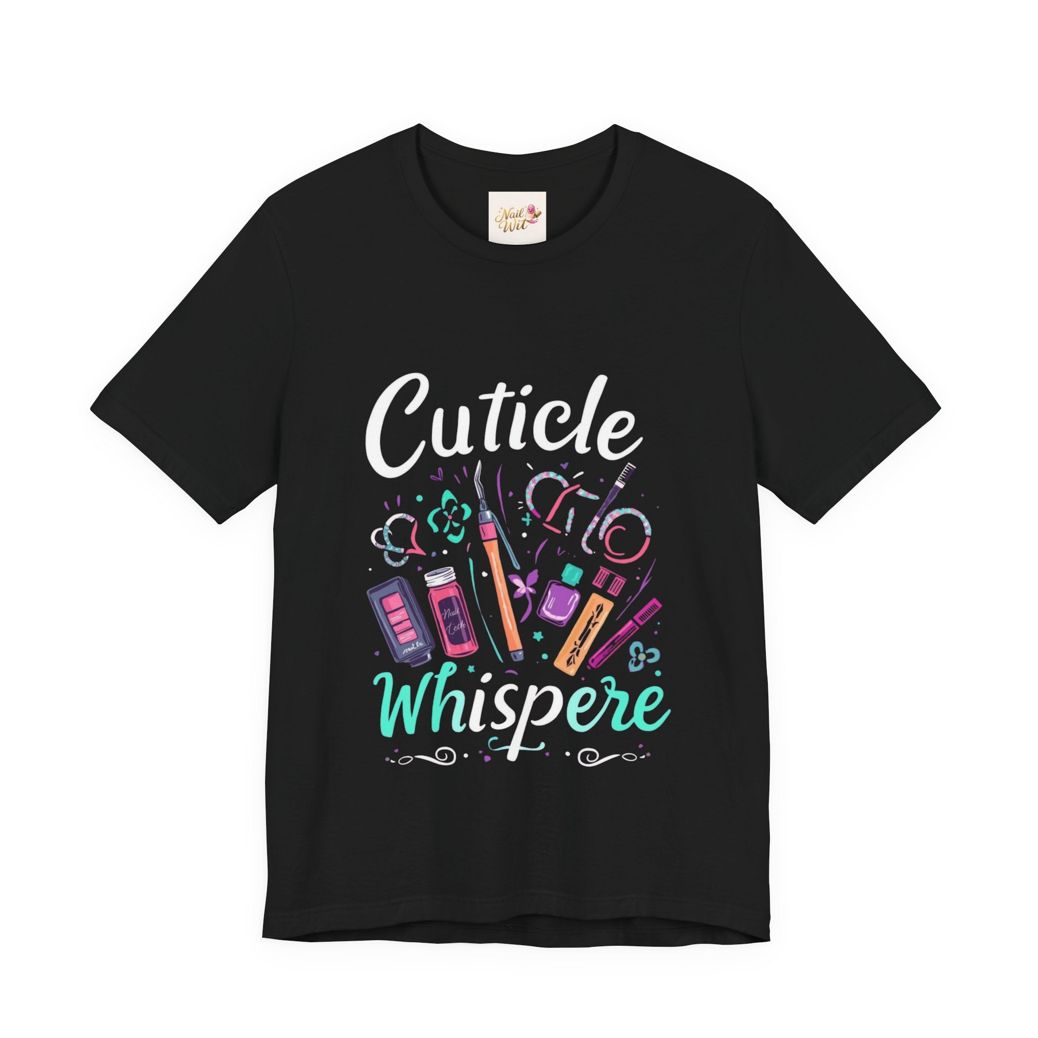 Black t-shirt with colorful graphic and text on a white background