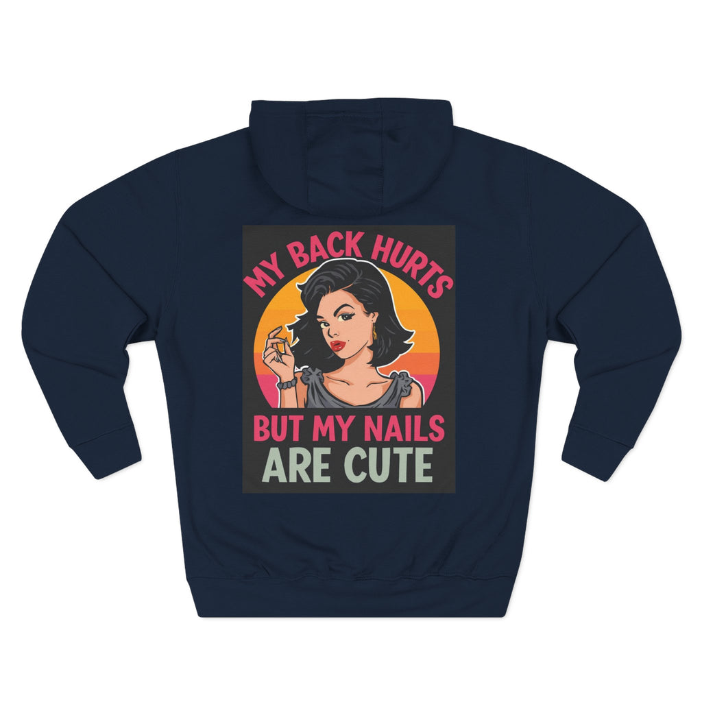 Black hoodie with a graphic design on the back featuring a woman and text.