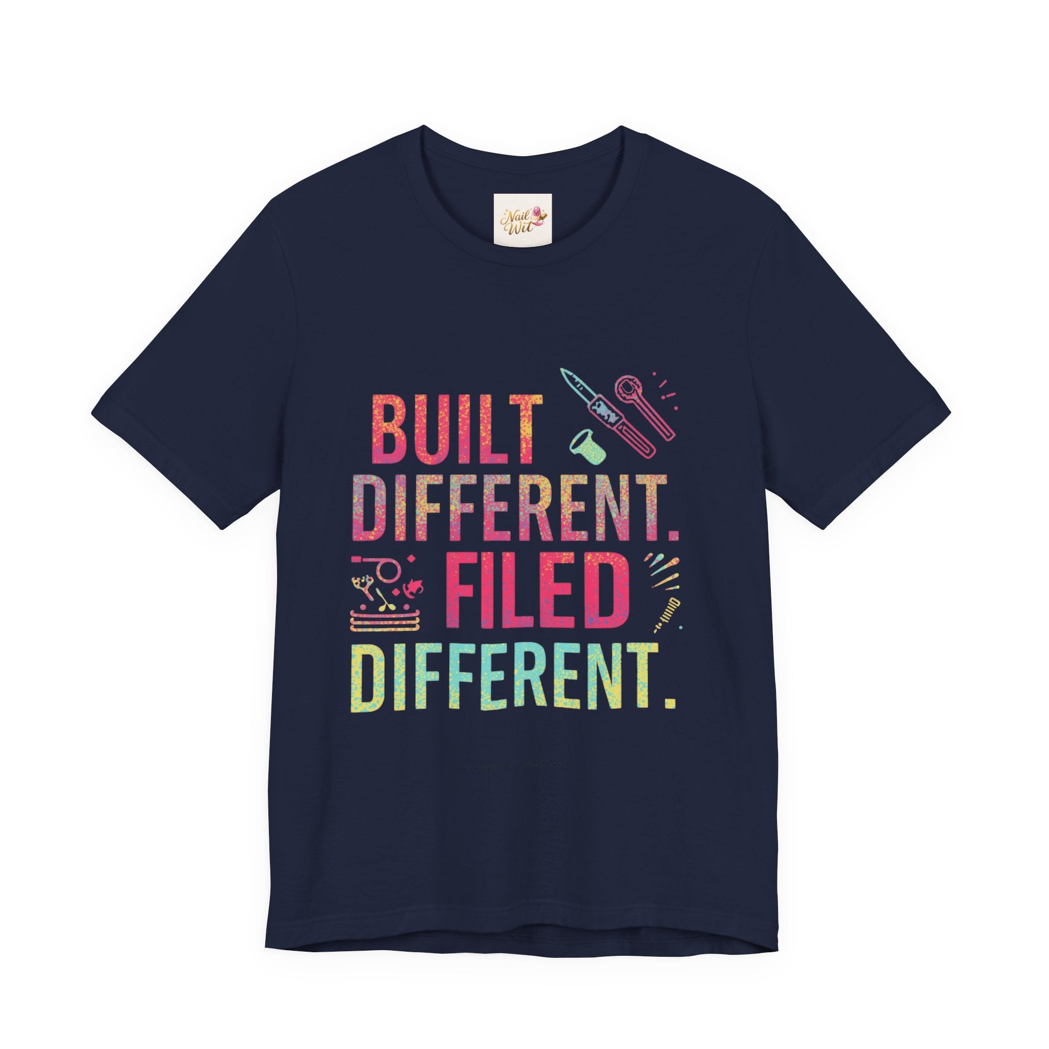 Navy blue t-shirt with colorful text and graphics on a white background