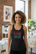 Navy tank top with gold graphic and text on a white background
