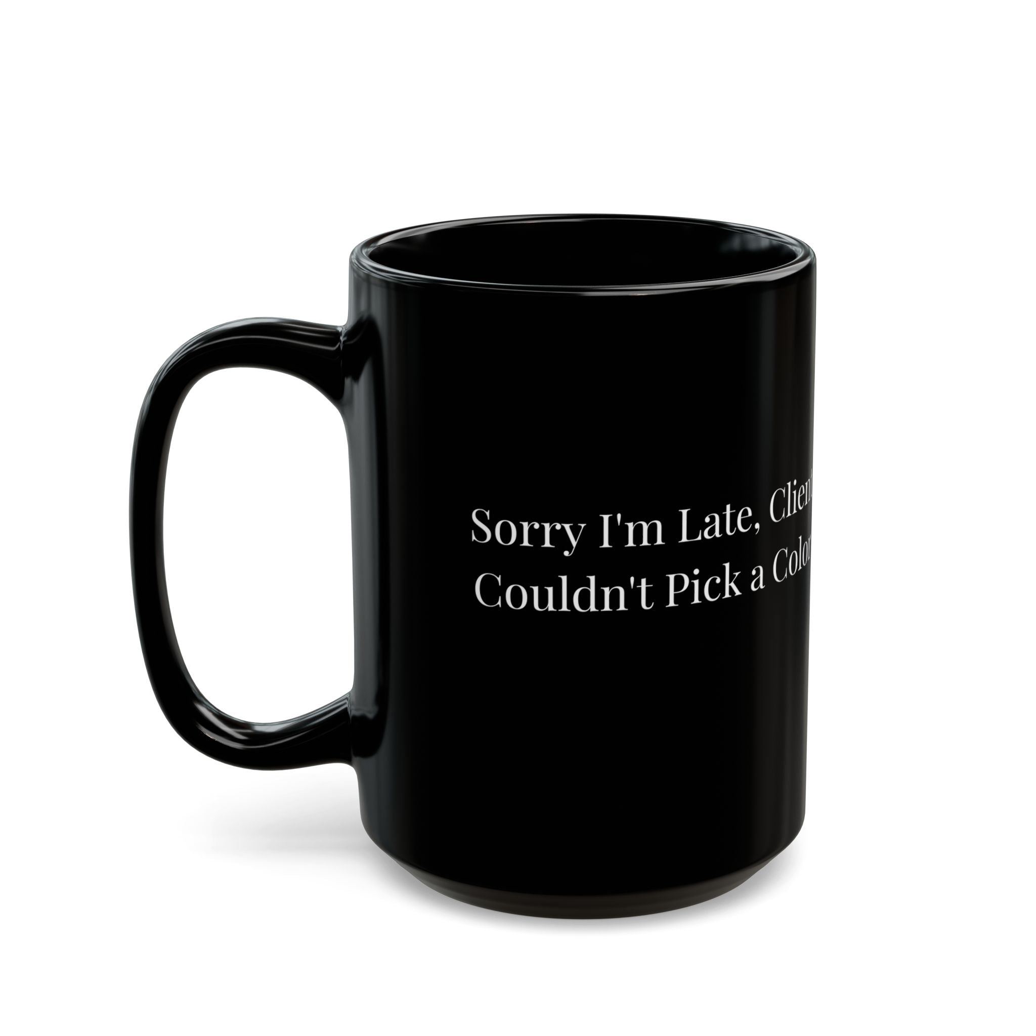 Black mug with 'Well Hung Artwork Placement' logo on a white background