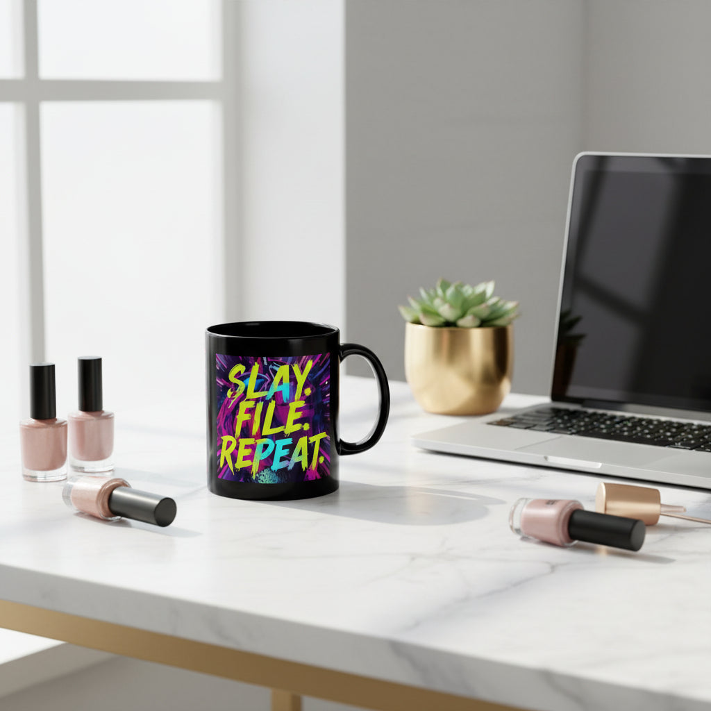 Black mug with colorful text 'SLAY FILE REPEAT' on a white background